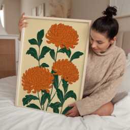 Chrysanthemum Botanical Art Print - Vintage Style Floral Wall Orange Flower Illustration Classic - thumbnail 3