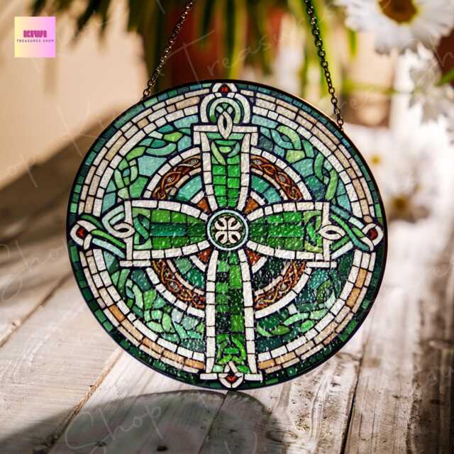 Celtic Cross Glass Suncatcher Irish Window Hanging, Indoor Decor - image 1