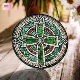 Celtic Cross Glass Suncatcher Irish Window Hanging, Indoor Decor - thumbnail 1
