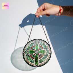 Celtic Cross Glass Suncatcher Irish Window Hanging, Indoor Decor - thumbnail 2