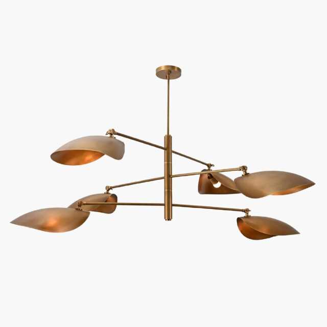 Mid Century Modern Brass Sputnik Chandelier Six Shade Linear Pendant Light Fixture - image 1