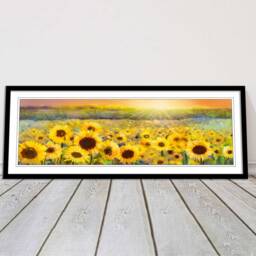 Sunflower Field Sunset Painting Panoramic Framed Print Choice Of Size & Frames - thumbnail 3