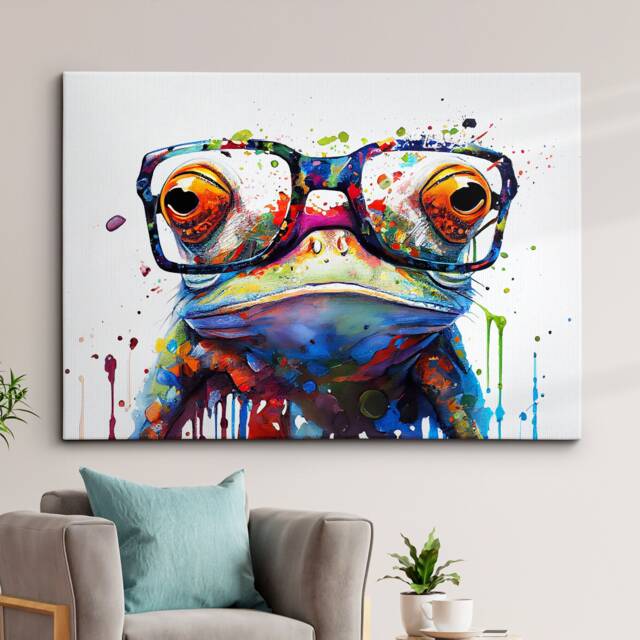 Fun & Unique Frog With Glasses Abstract Modern Painting Wall Art, Framed Canvas Poster Print, Home Kitchen Office Room Decor, Gifts - image 1