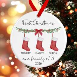 First Christmas As A Family Of Three Bauble - Ceramic Red Stockings 3 Ornament Personalised Decoration Names Pet Dog - thumbnail 2