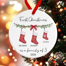 First Christmas As A Family Of Three Bauble - Ceramic Red Stockings 3 Ornament Personalised Decoration Names Pet Dog