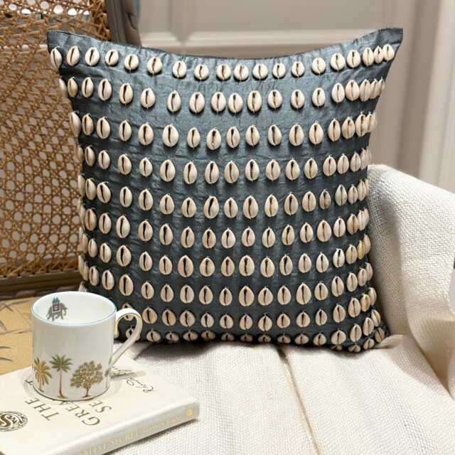 "Blue Silk Shell Embroidered Sea Creature Pattern Throw Pillow Cover, 16""x16" - image 1