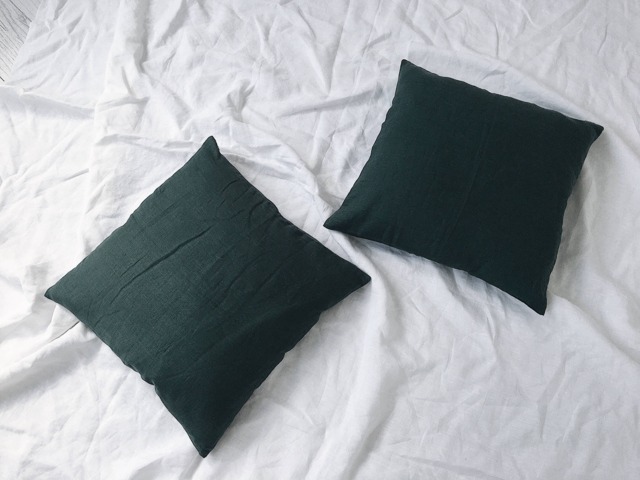 Dark Green Linen Pillow Shams Set Of 2- Emerald Cushion Covers 20x20- European Pillowcase Pair- Zipper Closure - Made in Ukraine - image 1