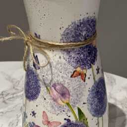 Decoupage Glass Vase, Summer - Spring Purple Flowers Allium Pink Tulips Butterflies Birthday Gift Personalised Mother's Day - thumbnail 2