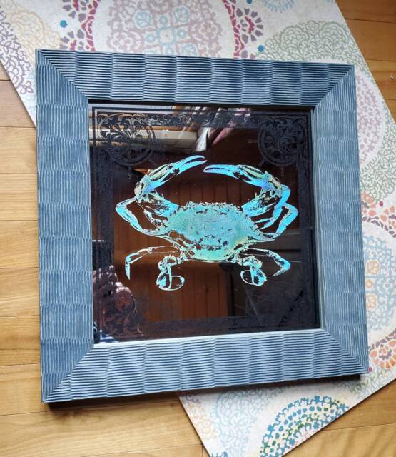Laser Etched Colorized Blue Crab Mirror, Ocean Life Decor - image 1