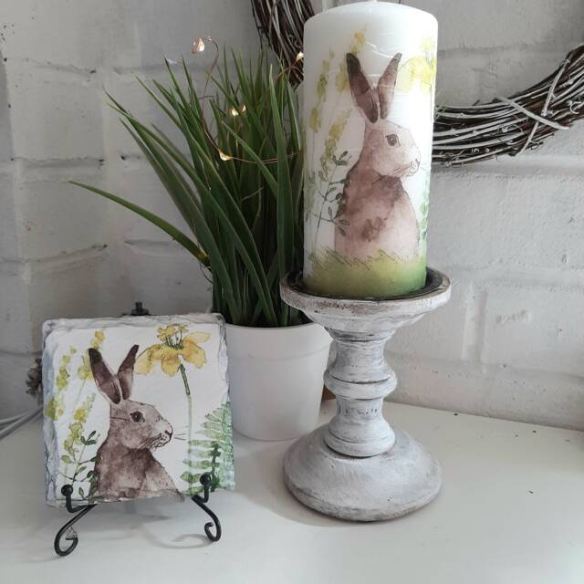 Lovely Hare in A Spring Meadow Matching Led Or Wax Candle. Slate, Stone Or Ceramic Coasters. Sold Srparately - image 1