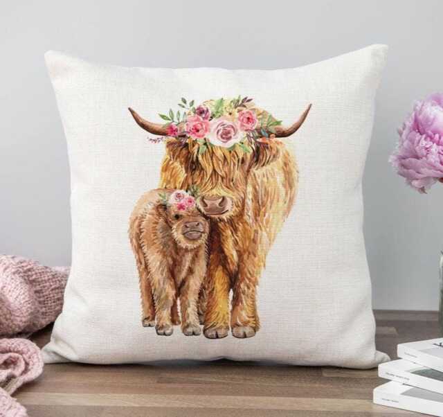 Floral Highland Cows Cushion, Cow Cushion, Homeware, Cow Gift, Linen Animal Homeware - image 1