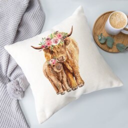 Floral Highland Cows Cushion, Cow Cushion, Homeware, Cow Gift, Linen Animal Homeware - thumbnail 2