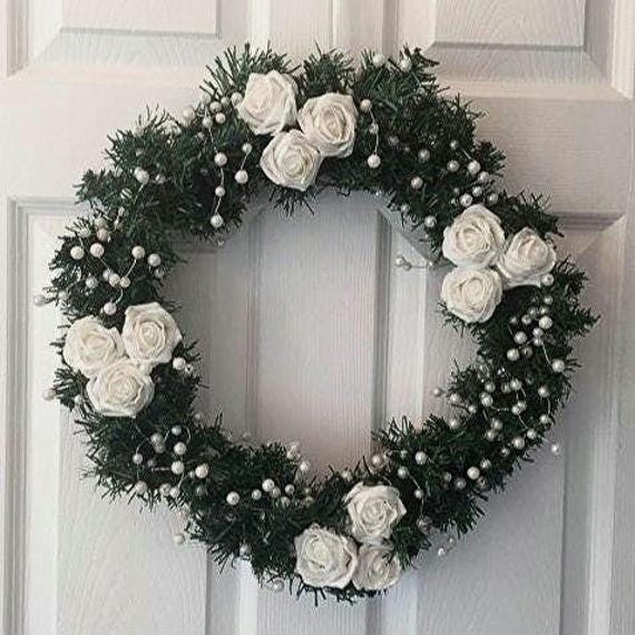 Christmas Wreath With White Glitter Flowers & Pearl Spray - image 1