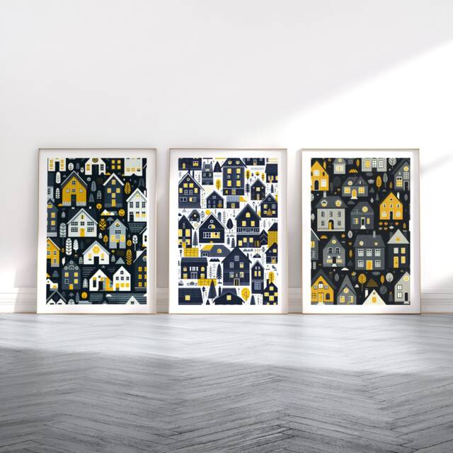 Scandi Houses Poster Set - 3 Scandinavian Style Artwork - Retro Art Scandanavian Design Black House Decor Nordic Home Wall Print - image 1