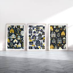 Scandi Houses Poster Set - 3 Scandinavian Style Artwork - Retro Art Scandanavian Design Black House Decor Nordic Home Wall Print - thumbnail 1