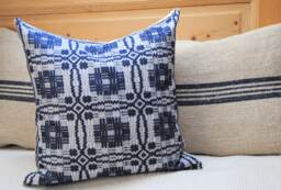 Antique Grain Sack Cushion Cover Blue Geometric Overshot Transylvanian C.1930 - thumbnail 1