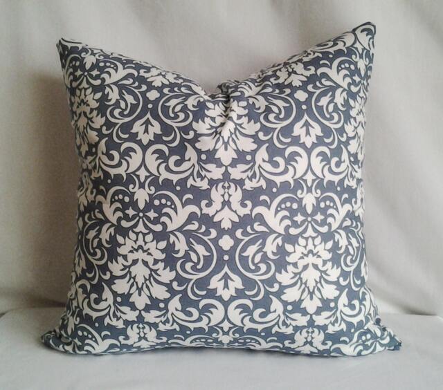 Damask Print Pillow Cover, 16x16 Decorative Pillow, Toss Slate Blue & White, Home Decor, Summer, Spring Decor - image 1