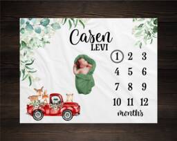 Woodland Milestone Blanket, Monthly Growth Tracker, Personalized Baby Custom Shower Gift, New Boy - thumbnail 1
