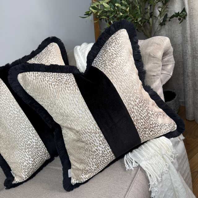 Elegant Champagne Fringed Pillow Cover With Black Fringe Handmade Luxury Cushion For Home Decor Antelope - image 1