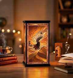 Book Desert Worm Lantern, Faux Stained Glass Lamp, Fan Art Night Light, Sci Fi Movie Decor, Unique Gift, Nook Decor - thumbnail 1