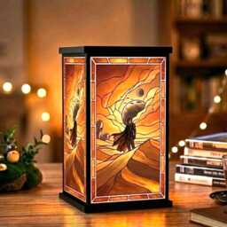 Book Desert Worm Lantern, Faux Stained Glass Lamp, Fan Art Night Light, Sci Fi Movie Decor, Unique Gift, Nook Decor - thumbnail 4