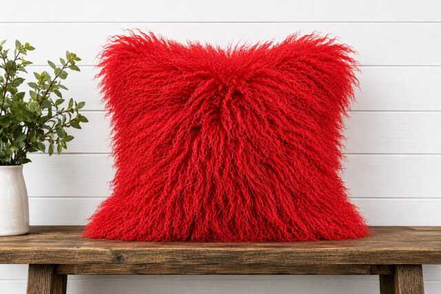 Large Red Mongolian Sheepskin Fur Cushion Gift For Girlfriend Love Cushion - image 1