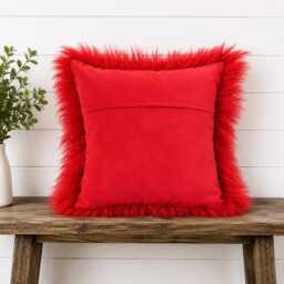 Large Red Mongolian Sheepskin Fur Cushion Gift For Girlfriend Love Cushion - thumbnail 2