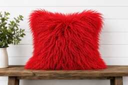 Large Red Mongolian Sheepskin Fur Cushion Gift For Girlfriend Love Cushion
