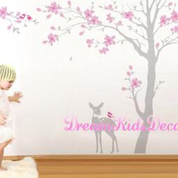 Cherry Blossom Tree Wall Decal, Nursery Decor, Deer & Birds - thumbnail 2