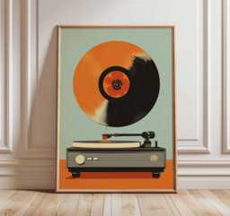 Vintage Record Player Wall Art, Retro Vinyl Flower Poster, Mid Century Modern Music Print