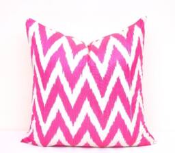 Pink Chevron Ikat Pillow Cover, Silk Cotton Cushion - 20x20 - thumbnail 1