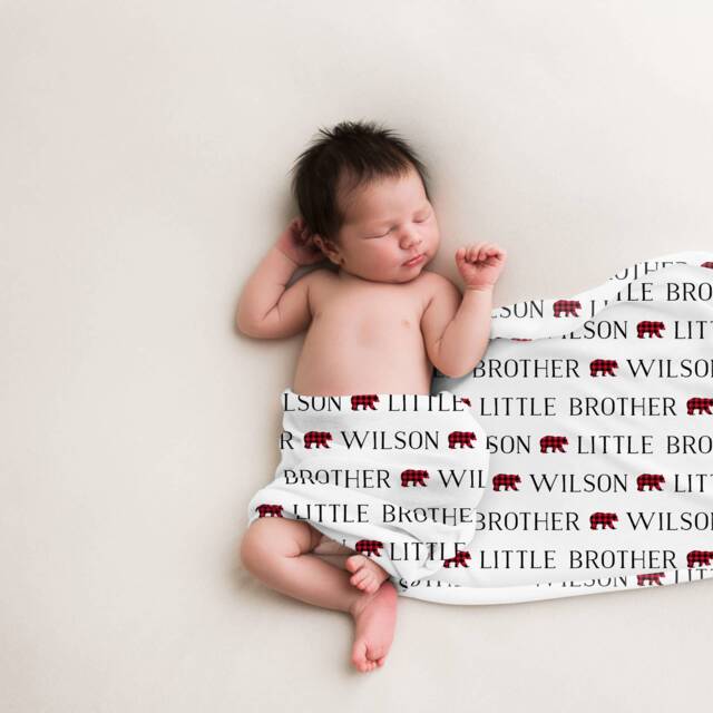 Little Brother Personalized Swaddle Blanket, Baby Name Birth Announcement Boy Blanket Hospital - image 1
