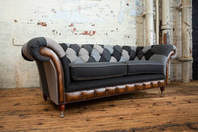 Unique British Handmade 3 Seater Patchwork Chesterfield Snuggle Chair Sofa - Grey Wool With Antique Tan Leather Facings - image 1