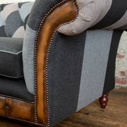 Unique British Handmade 3 Seater Patchwork Chesterfield Snuggle Chair Sofa - Grey Wool With Antique Tan Leather Facings - thumbnail 3