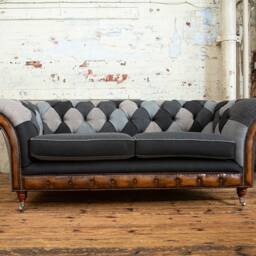 Unique British Handmade 3 Seater Patchwork Chesterfield Snuggle Chair Sofa - Grey Wool With Antique Tan Leather Facings - thumbnail 2