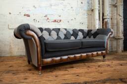 Unique British Handmade 3 Seater Patchwork Chesterfield Snuggle Chair Sofa - Grey Wool With Antique Tan Leather Facings - thumbnail 1