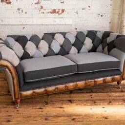 Unique British Handmade 3 Seater Patchwork Chesterfield Snuggle Chair Sofa - Grey Wool With Antique Tan Leather Facings - thumbnail 4