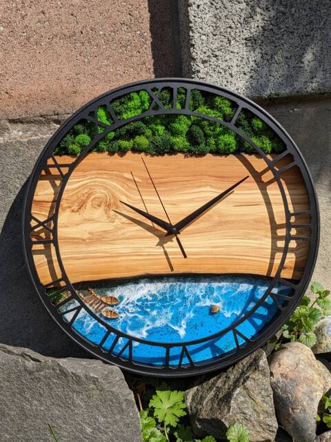 Moss & Epoxy Resin Wood Wall Clock Scandinavian Home Decor - image 1