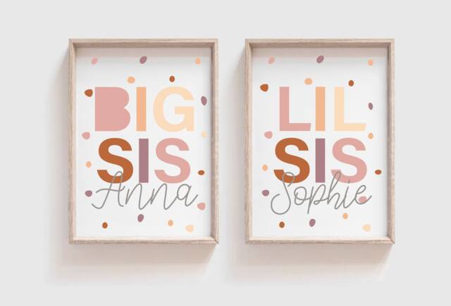 Set Of 2 Sister Prints, Lil Sis Big Sis, Sibling Sisters Bedroom Decor, Playroom Kids Wall Art, Girls Name Prints - image 1