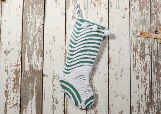 Green & White - Lush & Fluffy Vintage Chenille Christmas Stocking Pom Pom, Flower - image 1