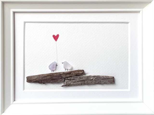 Handmade Sea Glass Picture Of Love & Friendship Birds On A Branch With Heart - image 1