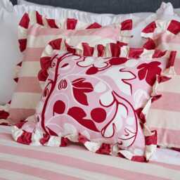 Handprinted Linen Lumbar Cushion Jessie De Sallis Figs, Ian Mankin Ruffle - thumbnail 2