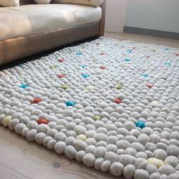 Natural Pebble Rug, Felt With Stone Shape Marble Tan Shade Wool Pom Balls For Room Decor - thumbnail 4