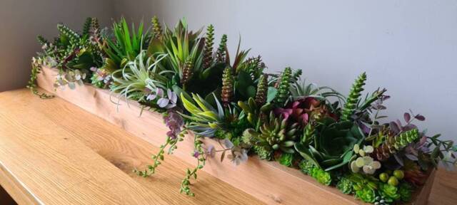Faux Succulent Planter Artificial Foliage Wooden Centrepiece, Natural Modern Home Decor - image 1