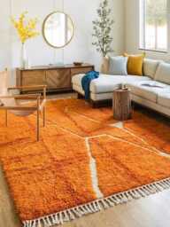 Orange White Abstract Moroccan Rug, Style Shag Berber Carpet, Hand Tufted Large Area Rug