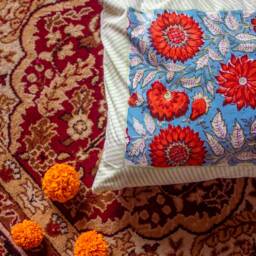 Blue & Red Gulshan Jaal Cushion Cover, Floral Pillow, Cushion, Handmade Cushion, Sizes Available - thumbnail 3