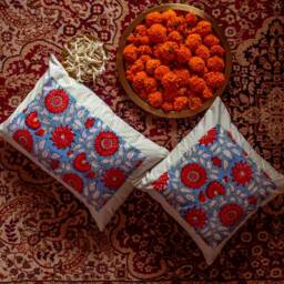 Blue & Red Gulshan Jaal Cushion Cover, Floral Pillow, Cushion, Handmade Cushion, Sizes Available
