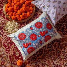 Blue & Red Gulshan Jaal Cushion Cover, Floral Pillow, Cushion, Handmade Cushion, Sizes Available - thumbnail 2