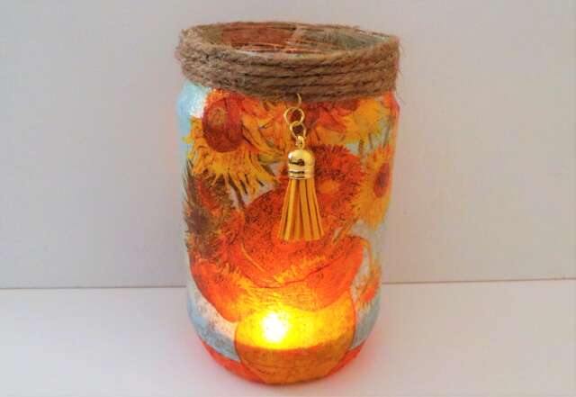 Van Gogh Sunflowers Decoupage Light Jar, Yellow Home Decor - image 1