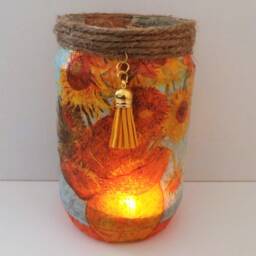Van Gogh Sunflowers Decoupage Light Jar, Yellow Home Decor - thumbnail 4